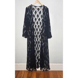 Vtg DELTA BURKE Sheer Black Lace Duster Cardigan 1X Open Robe Whimsygoth Witchy